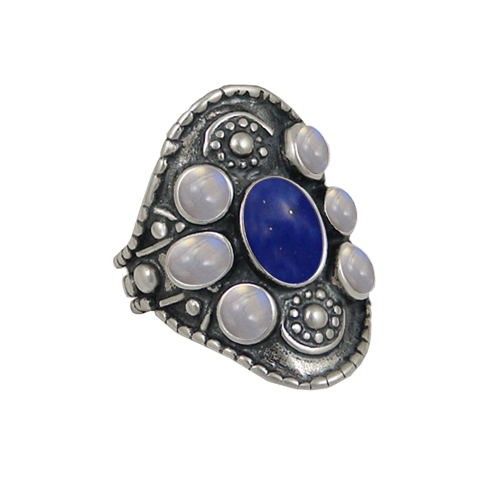 Sterling Silver High Queen's Ring With Lapis Lazuli And Rainbow Moonstone Size 10